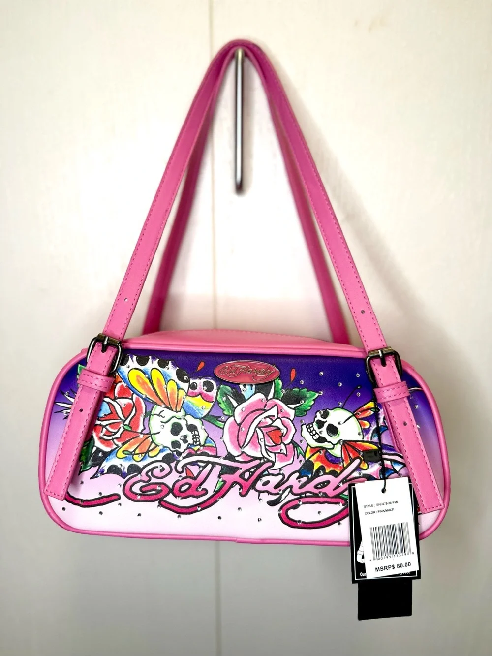 Ed Hardy Pink Purple Multi Colored Floral Skull Bowler Shoulder Bag NWT